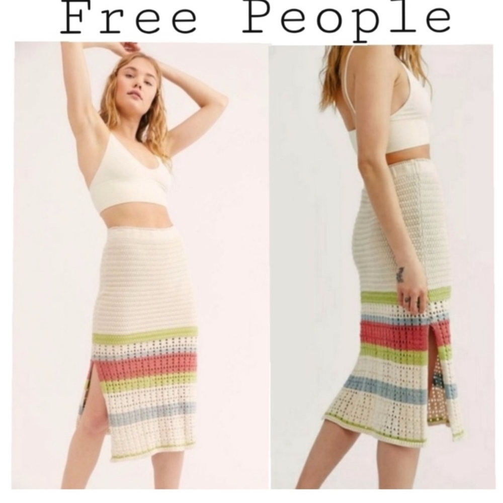 Free People Green and Pink Midi Pencil Skirt - natural combo
